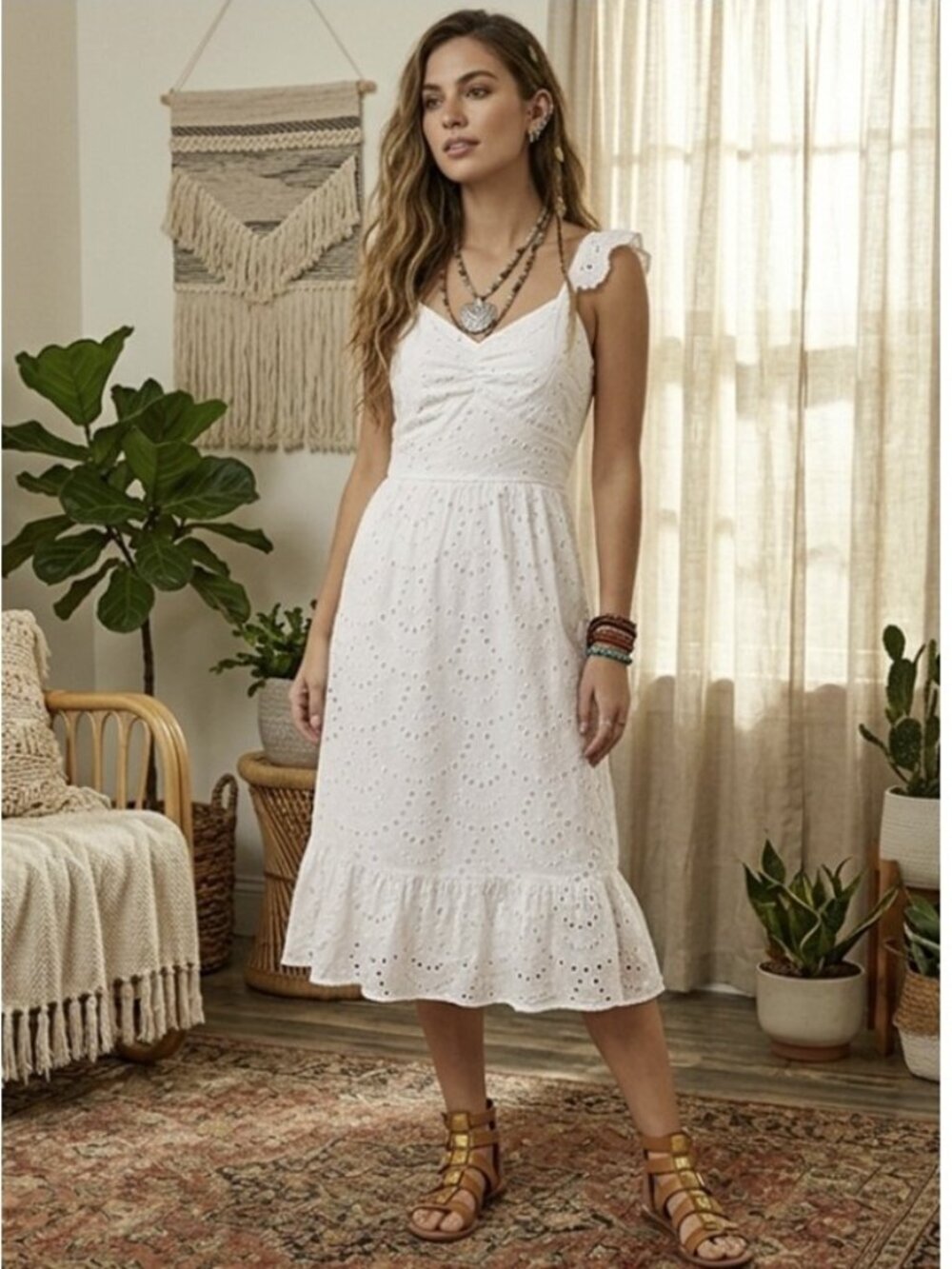 Lily Rose Flutter Sleeve Eyelet Boho Cottage Tiered Midi Dress White Size L New